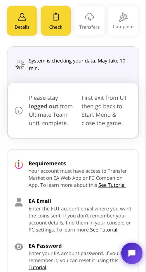 Track order status for FC 26 coin transfer