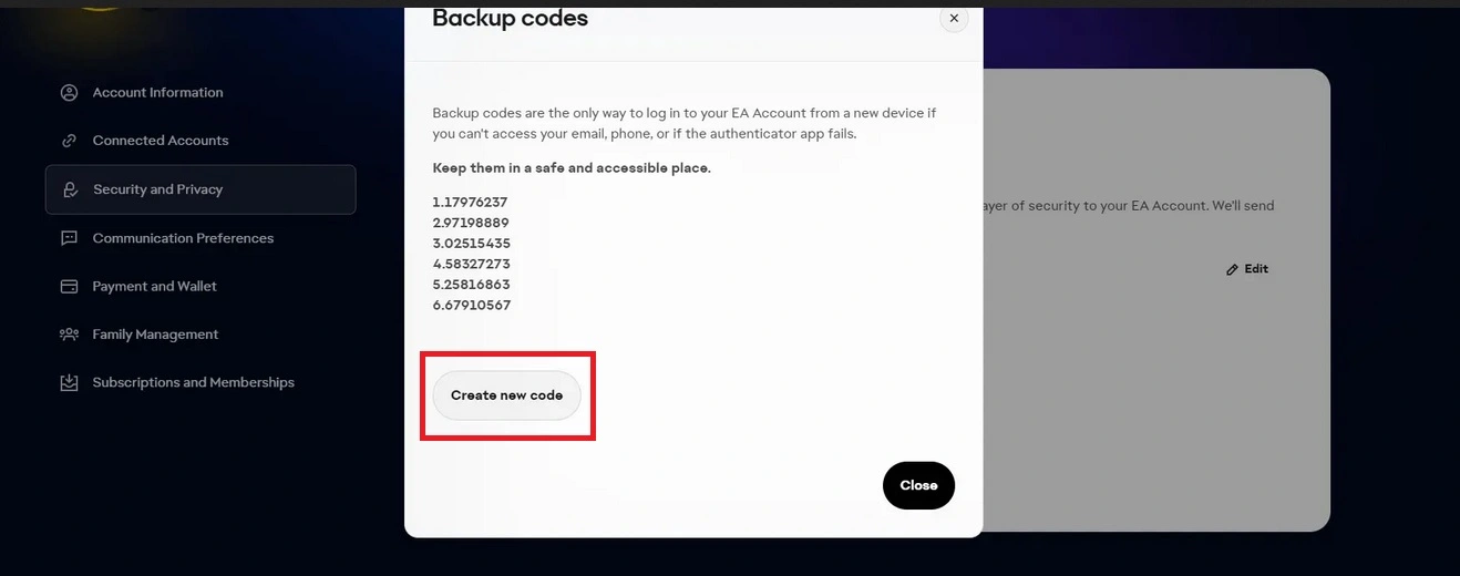 Create New Back Up Codes