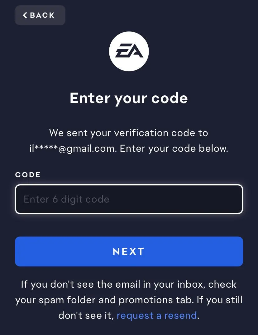 Enter EA Verification Code