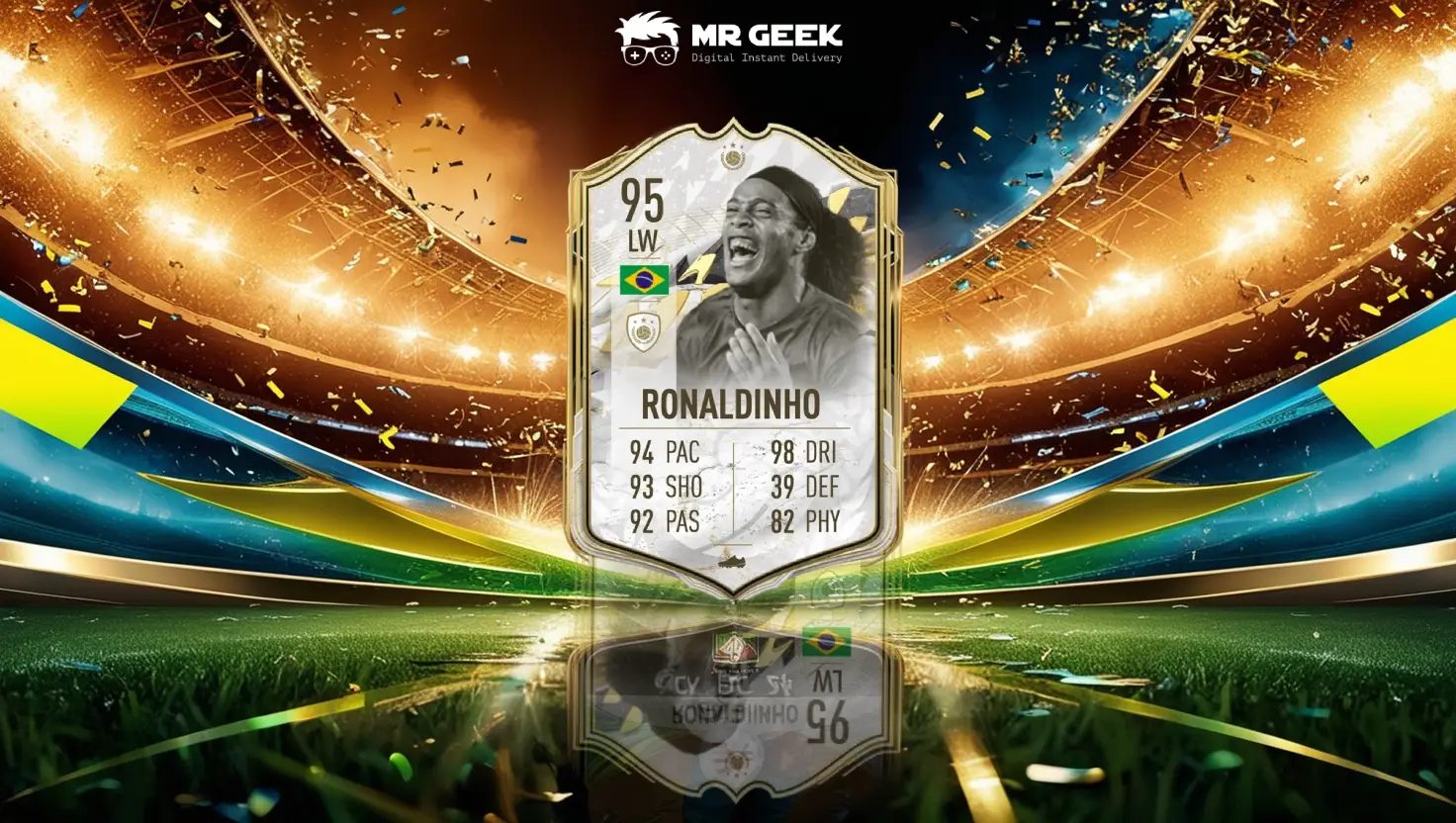 Ronaldinho EA FC 24 card displaying the football legend's various player card versions, including Icon, Thunderstruck Icon, and Future Stars Icon, with ratings and key attributes highlighted.
