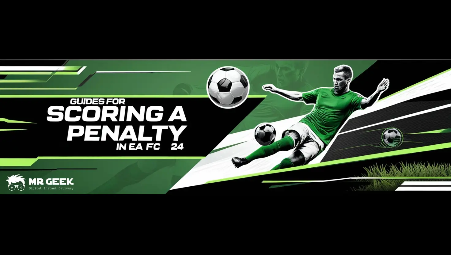 Une scène de jeu détaillée d'EA Sports FC 24 montrant un joueur sur le point de tirer un penalty, avec un accent mis sur les mécanismes de visée et de timing.
