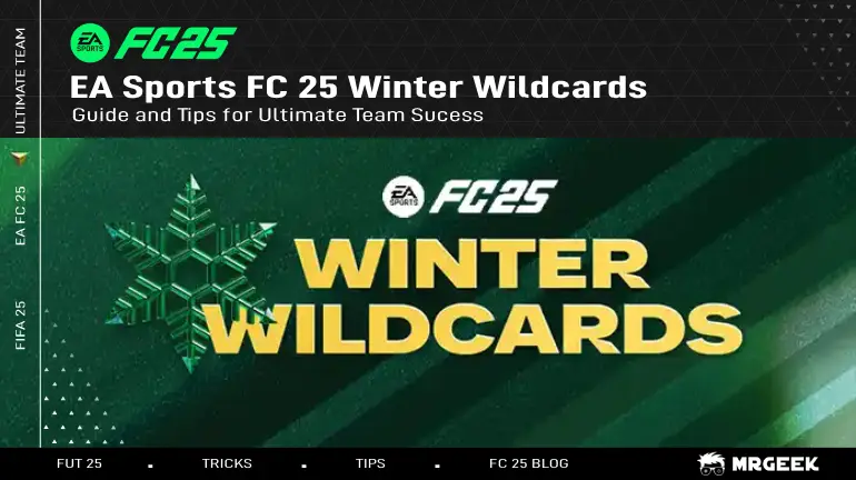 EA Sports FC 25 Winter Wildcards のプロモーションバナーには、テーマに沿った選手カードとお祭りデザインが採用されています。
